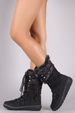 Quilted Nylon Faux Fur Cuff Lace Up Mid Calf Snow Boots
