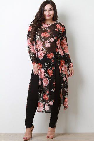 Floral Mesh Front Slits Longline Top