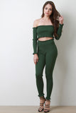 Rib Knit Ruffle Bardot Crop Top and Leggings Sett