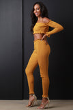 Rib Knit Ruffle Bardot Crop Top and Leggings Sett